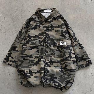 Elbow-sleeve Camouflage Print Shirt