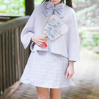 Plaid Long-sleeve Cheongsam / Detachable Bow Capelet