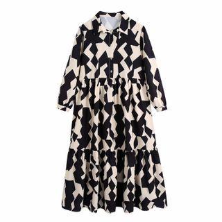 Long-sleeve Patterned Midi Collared Dress