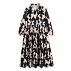 Long-sleeve Patterned Midi Collared Dress