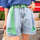 Two-tone Distressed Denim Shorts With Belt