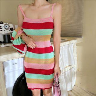 Spaghetti-strap Color Block Mini Sheath Dress / Cardigan