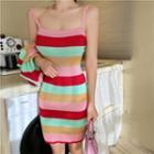 Spaghetti-strap Color Block Mini Sheath Dress / Cardigan
