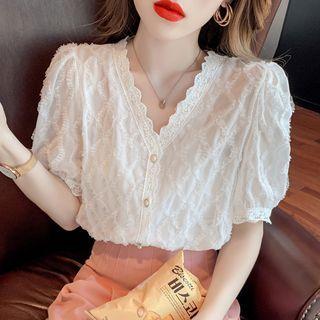 Puff-sleeve Lace Trim Fringed Blouse