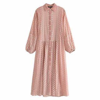 Long-sleeve Floral Embroidered Button-up Midi Dress