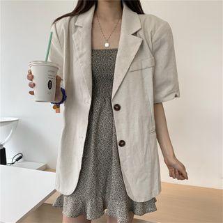 Elbow-sleeve Single Breasted Blazer / Spaghetti Strap Floral Print A-line Mini Dress