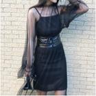 Set: Spaghetti-strap Dress + Mesh Midi Dress + Belt