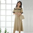 Sailor Collar Pintuck Short-sleeve Midi A-line Dress