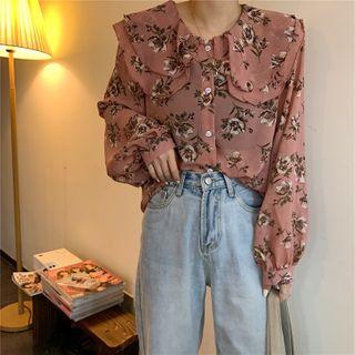 Lantern-sleeve Layered Collar Floral Printed Blouse