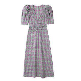 Short-sleeve V-neck Check A-line Midi Dress