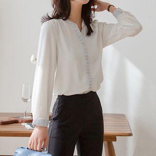Notch-neck Tweed-trim Blouse