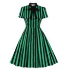 Short-sleeve Bow-neck Striped Midi A-line Dress