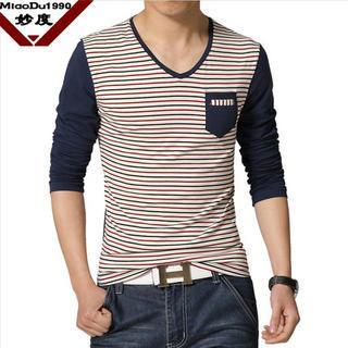 Long-sleeve V-neck Striped Panel T-shirt