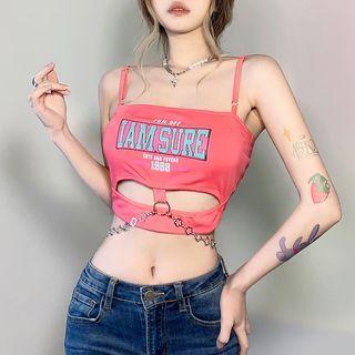 Spaghetti-strap Square-neck Lettering Print Crop Camisole Top
