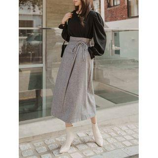 Band-waist Herringbone Long Skirt With Sash