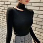Turtleneck Cutout Long-sleeve Knit Top Black - One Size