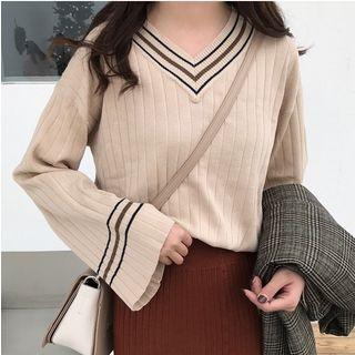 V-neck Contrast-trim Sweater As Shown In Figure - One Size
