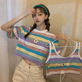 Flower Embroidered Striped Short-sleeve Cropped T-shirt / Cropped Tank Top