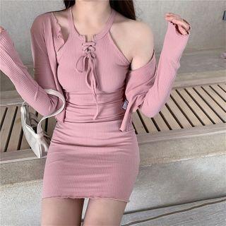 Set: Halter Sleeveless Mini Sheath Dress + Cardigan