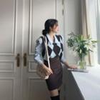 Set: Argyle Sweater Vest + Puff-sleeve Blouse