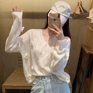Flower Detail Pointelle Cardigan Off-white - One Size