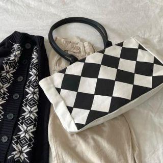 Checkered Canvas Tote Bag Black & White - One Size