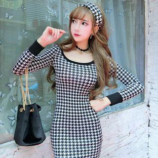Houndstooth Long Sleeve Mini Dress