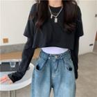 Long-sleeve Mock Two-piece T-shirt / Washed Wide Leg Jeans