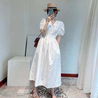 Puff Sleeve V-neck Plain Midi Wrap Dress