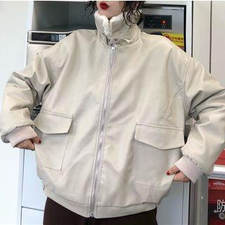 Fleece Collar Faux Leather Zip Jacket