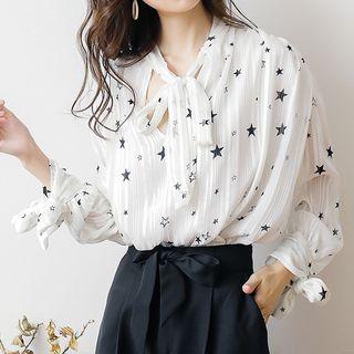Star Print Tie-neck Blouse