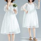 Set: Embroidered 3/4-sleeve A-line Dress + Slipdress White - One Size