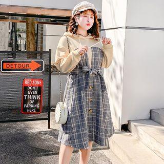 Mock Two-piece Check Panel Hooded Dress