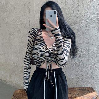 V Neck Printed Zebra Pleated Long-sleeve Blouse