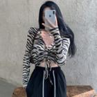 V Neck Printed Zebra Pleated Long-sleeve Blouse