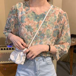 Puff-sleeve Floral Chiffon Top As Shown In Figure - One Size