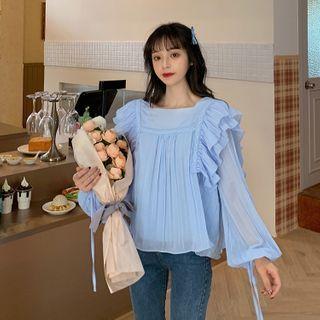 Plain Ruffle Long-sleeve Chiffon Blouse Light Blue - One Size