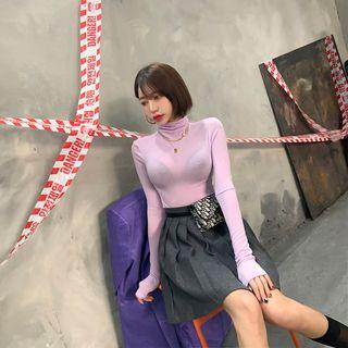 Turtle-neck Slim Sheer T-shirt
