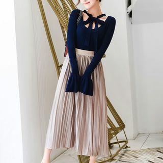 Set: Tie-neck Knit Top + Midi A-line Pleated Skirt
