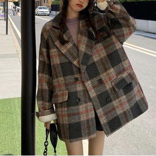 Plaid Double-breasted Jacket Gray & Pink - One Size