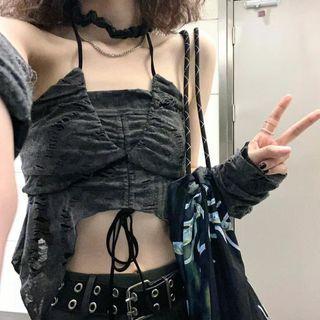Halter Distressed High-low Cropped Camisole Top
