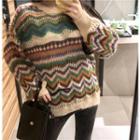 Long-sleeve Pattern Embroidered Open Knit Top Stripe - One Size