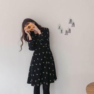 Flower Pattern Shirtwaist Dress Black - One Size