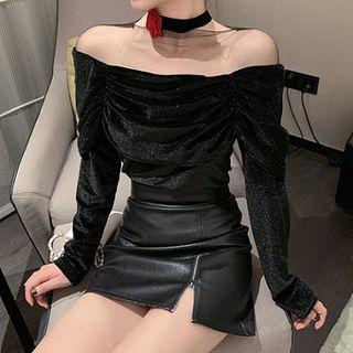 Long-sleeve Mesh Panel Velvet Top Black - One Size