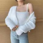 Set Of 2: Plain Furry Knit Camisole Top & Plain Furry Cropped Cardigan