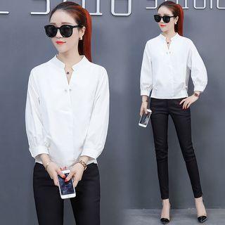 Long-sleeved Loose-fit Straight V-neck Plain Blouse