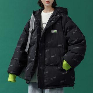 Lettering Padded Zip-up Hooded Jacket