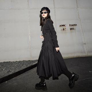 Mock-turtleneck Long-sleeve Shirred Midi A-line Dress Black - One Size