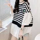3/4-sleeve Mock Two-piece Striped Panel T-shirt
