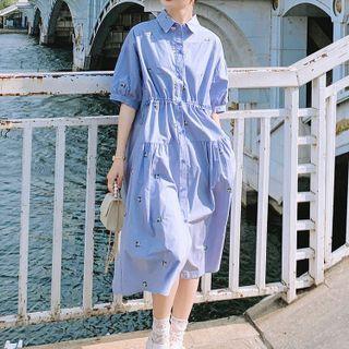 Puff-sleeve Flower Embroidered Midi Shirt Dress